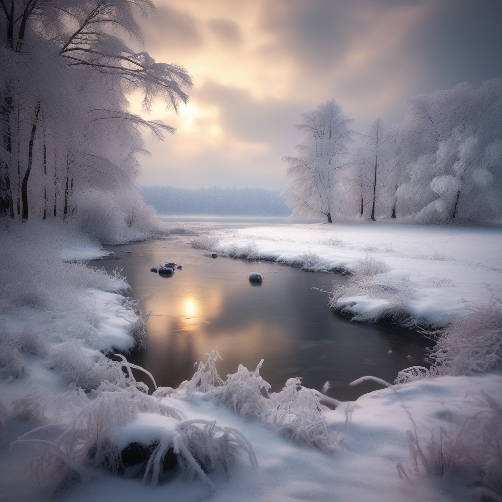 Ethereal Winter Stream at Dawn with Frosted Trees