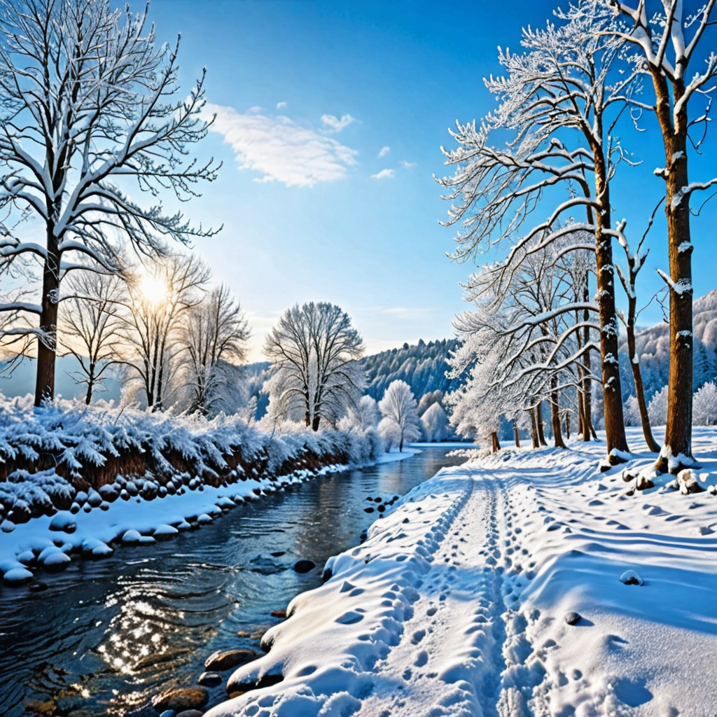 Tranquil Winter Stream Through Snow-Clad Trees