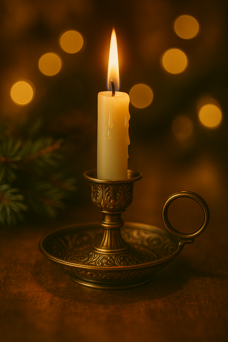 Golden Glow – Vintage Brass Candle Holder with Lit Taper Candle | Cozy Digital Art