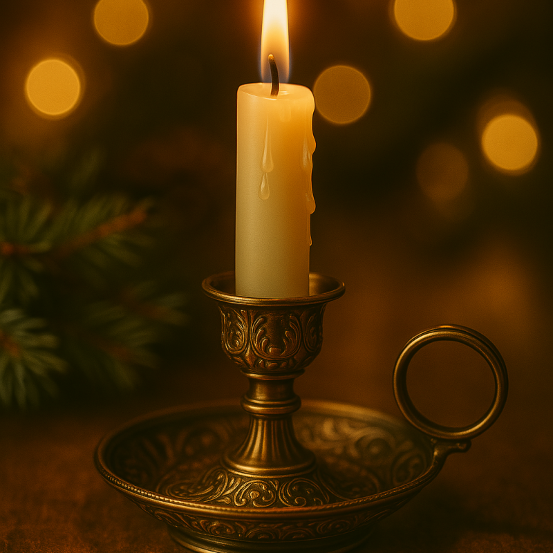 Golden Glow – Vintage Brass Candle Holder with Lit Taper Candle | Cozy Digital Art