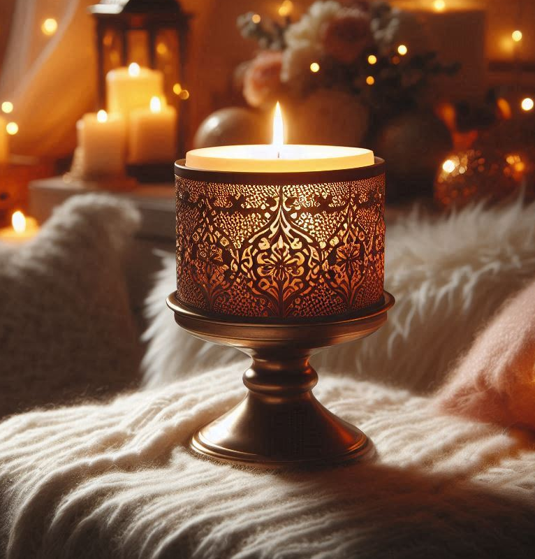 Luxe Glow – Digital Photograph of an Ornate Candle Holder on Soft Textures