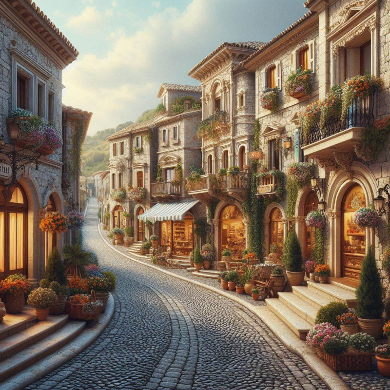 Golden Curve – Digital Photograph of a Mediterranean Street with Elegant Shops and Stone Architecture