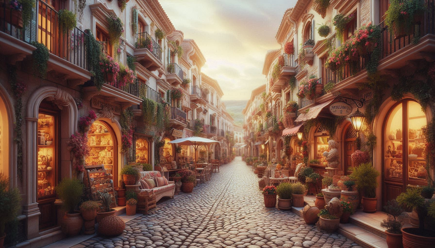 Evening in Bloom – Digital Photograph of a Mediterranean Artisan Street at Dusk