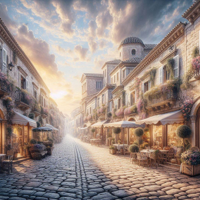 Golden Promenade – Digital Photograph of a Mediterranean Street at Sunset with Cafés and Balconies