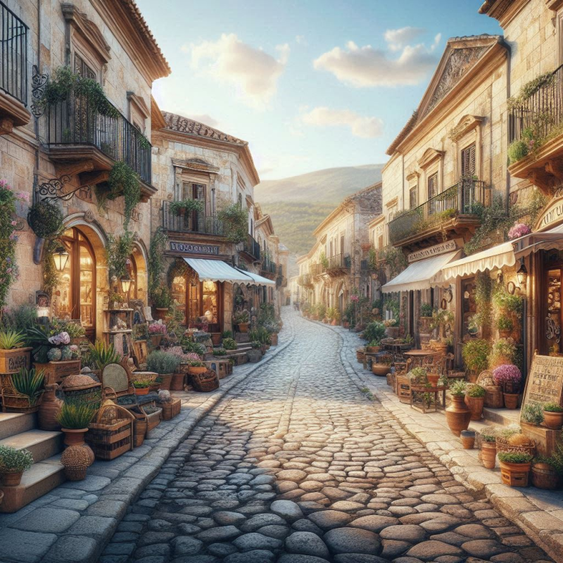 Old World Market – Digital Photograph of a Mediterranean Street with Shops and Flowers
