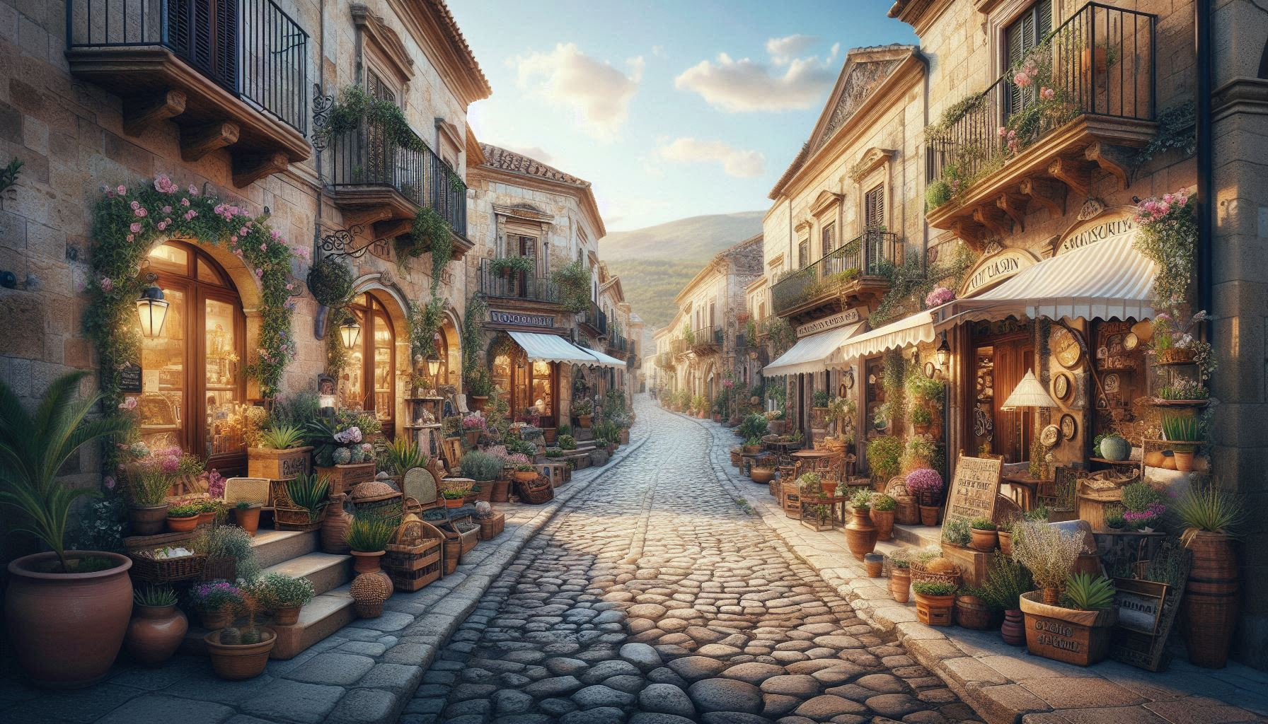 Old World Market – Digital Photograph of a Mediterranean Street with Shops and Flowers