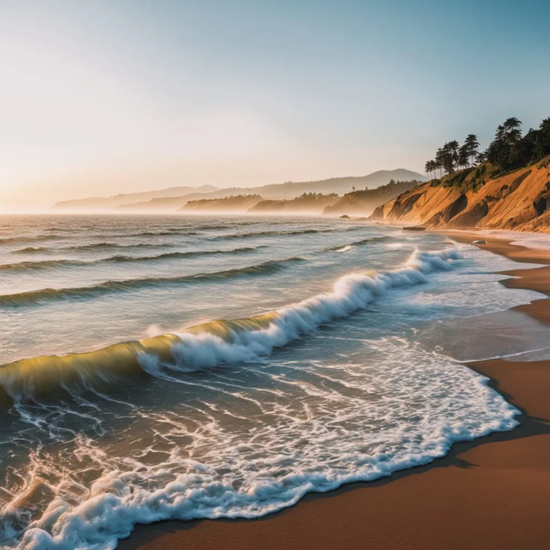 Coastal Horizons – Digital Photograph of Sunlit Waves and Cliffs at Sunset