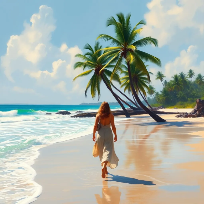 Coastal Escape – Digital Art Photograph of a Woman Walking on a Tropical Beach