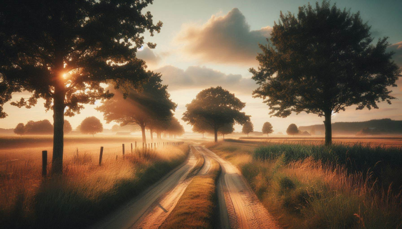 Morning Glow – Digital Photograph of a Misty Country Road at Sunrise