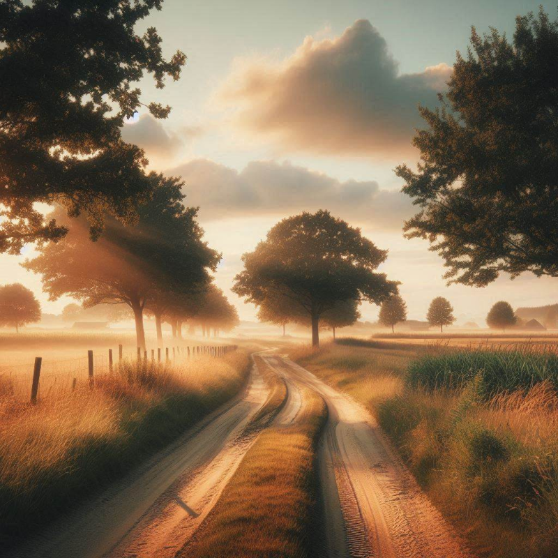 Morning Glow – Digital Photograph of a Misty Country Road at Sunrise