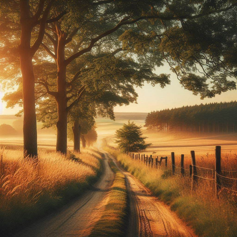 Whispers of the Countryside – Digital Photograph of a Tree-Lined Dirt Road at Sunset