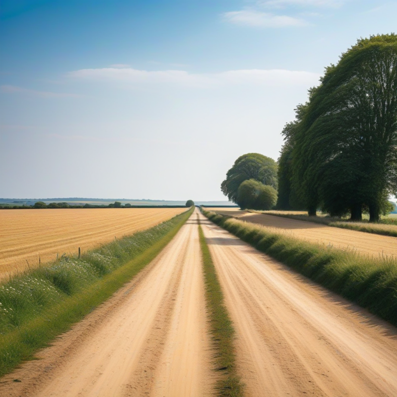 Endless Path – Digital Photograph of a Tree-Lined Dusty Road Through Wheat Fields
