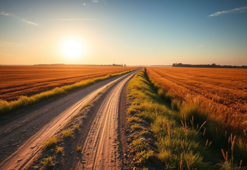 Golden Journey – Digital Photograph of a Dusty Country Road at Sunset