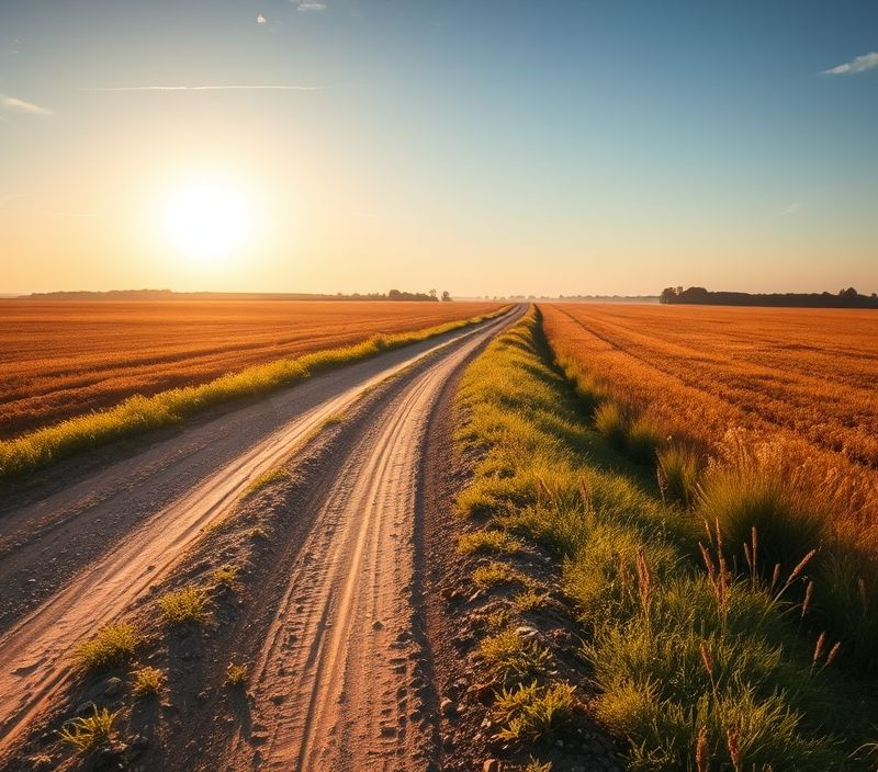 Golden Journey – Digital Photograph of a Dusty Country Road at Sunset