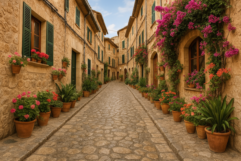 Bougainvillea Lane – Digital Photograph of a Mediterranean Stone Alley with Flower Pots