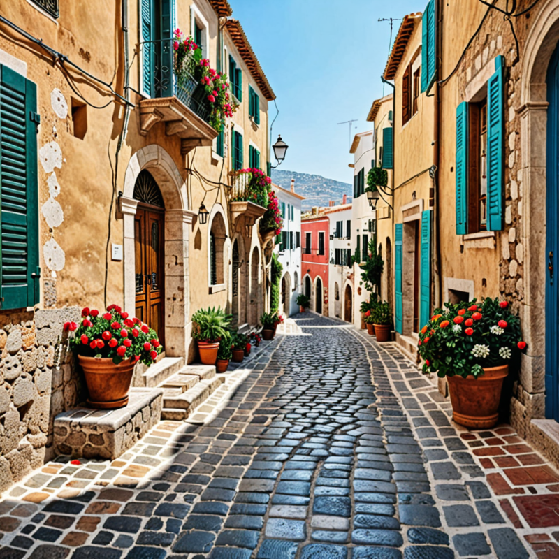 Mediterranean Charm – Digital Photograph of a Colorful Cobblestone Street
