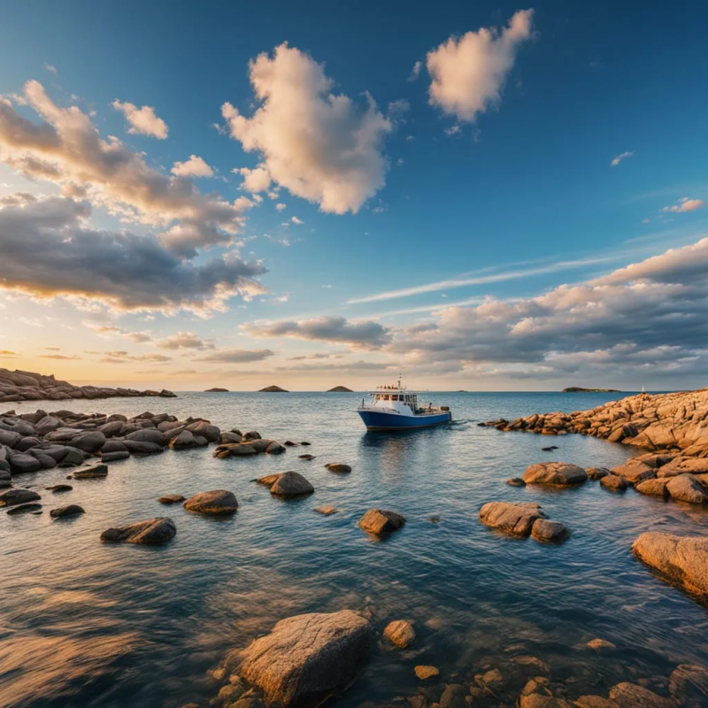 Seaside Serenity – Digital Photograph of a Coastal Boat at Sunset