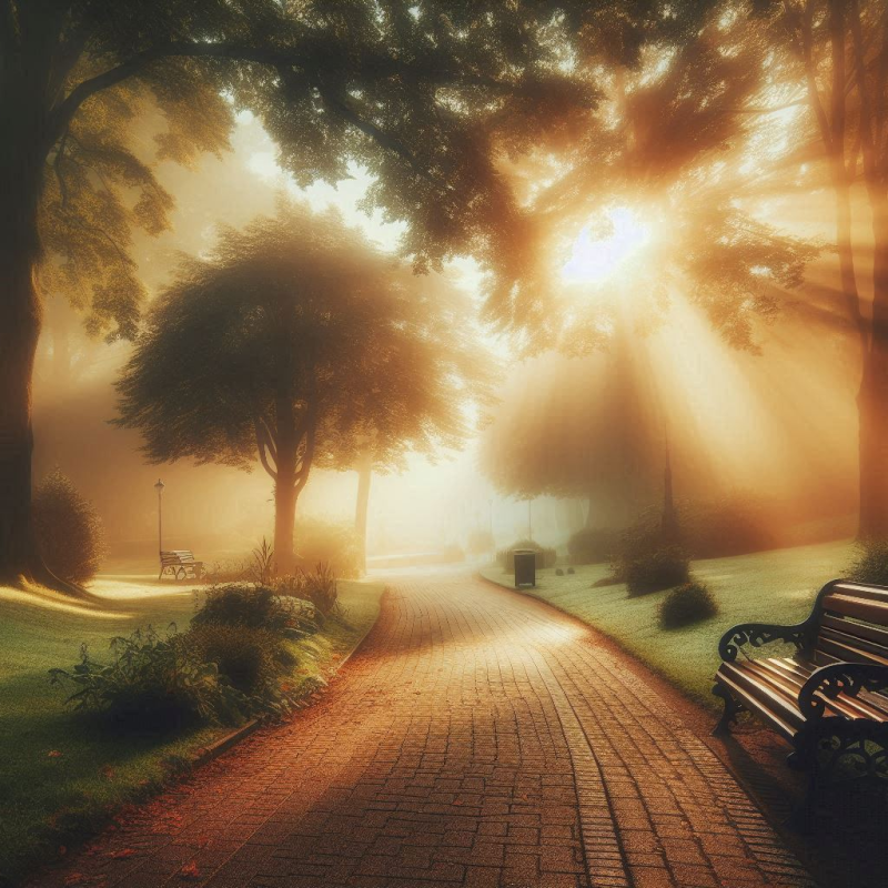 Golden Silence – Digital Art Photograph of a Glowing Misty Park at Sunrise