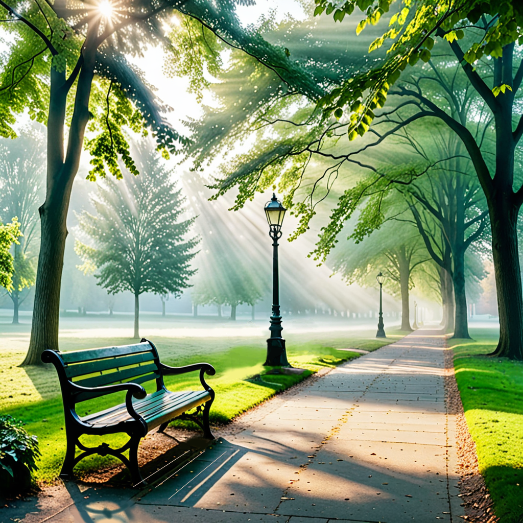 Morning Light – Digital Photograph of Sun Rays and Mist in a Serene Park