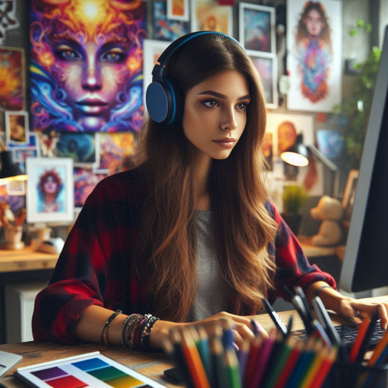 Free Girl artist in her art studio