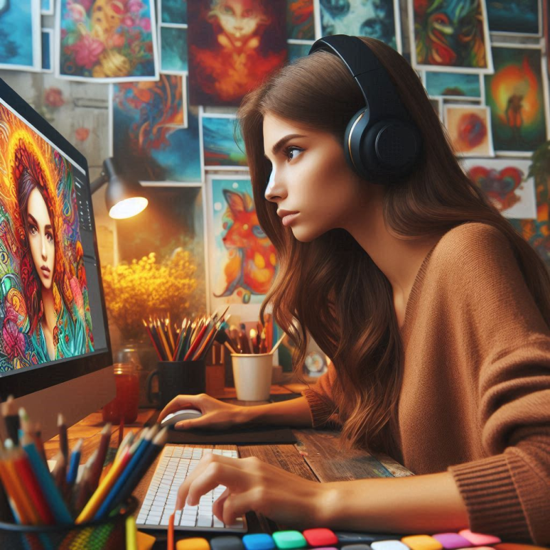 Free Girl artist in her art studio