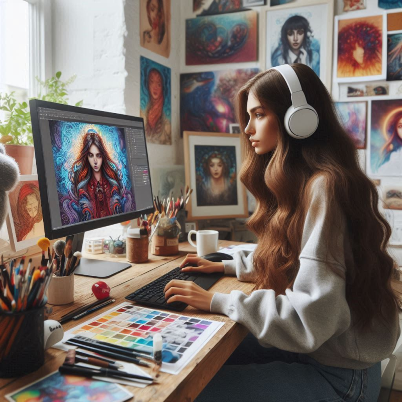 Free Girl artist in her art studio