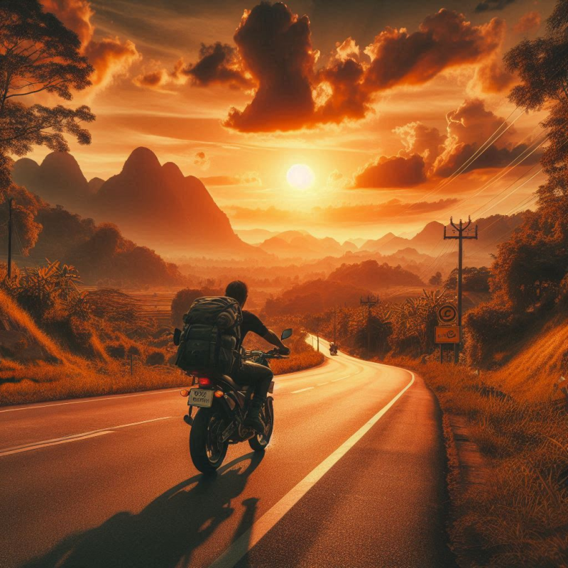 motorbiker travelling through countryside roads
