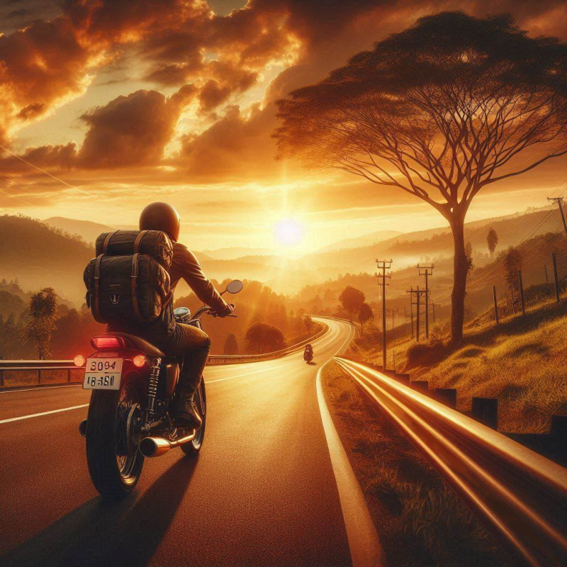 motorbiker travelling through countryside roads