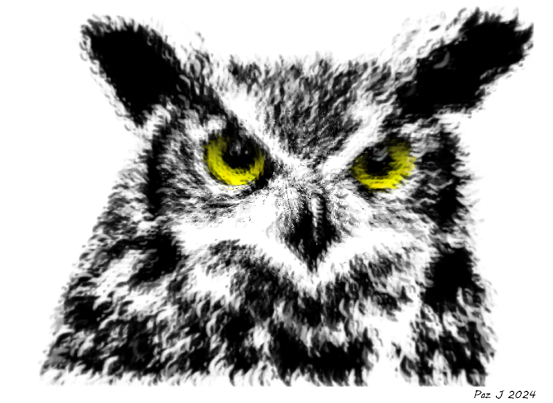 Rippled Great Horned Owl Art / Abstract Owl Face Print / Yellow Eyes Wildlife Illustration