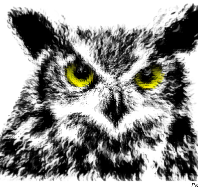 Rippled Great Horned Owl Art / Abstract Owl Face Print / Yellow Eyes Wildlife Illustration