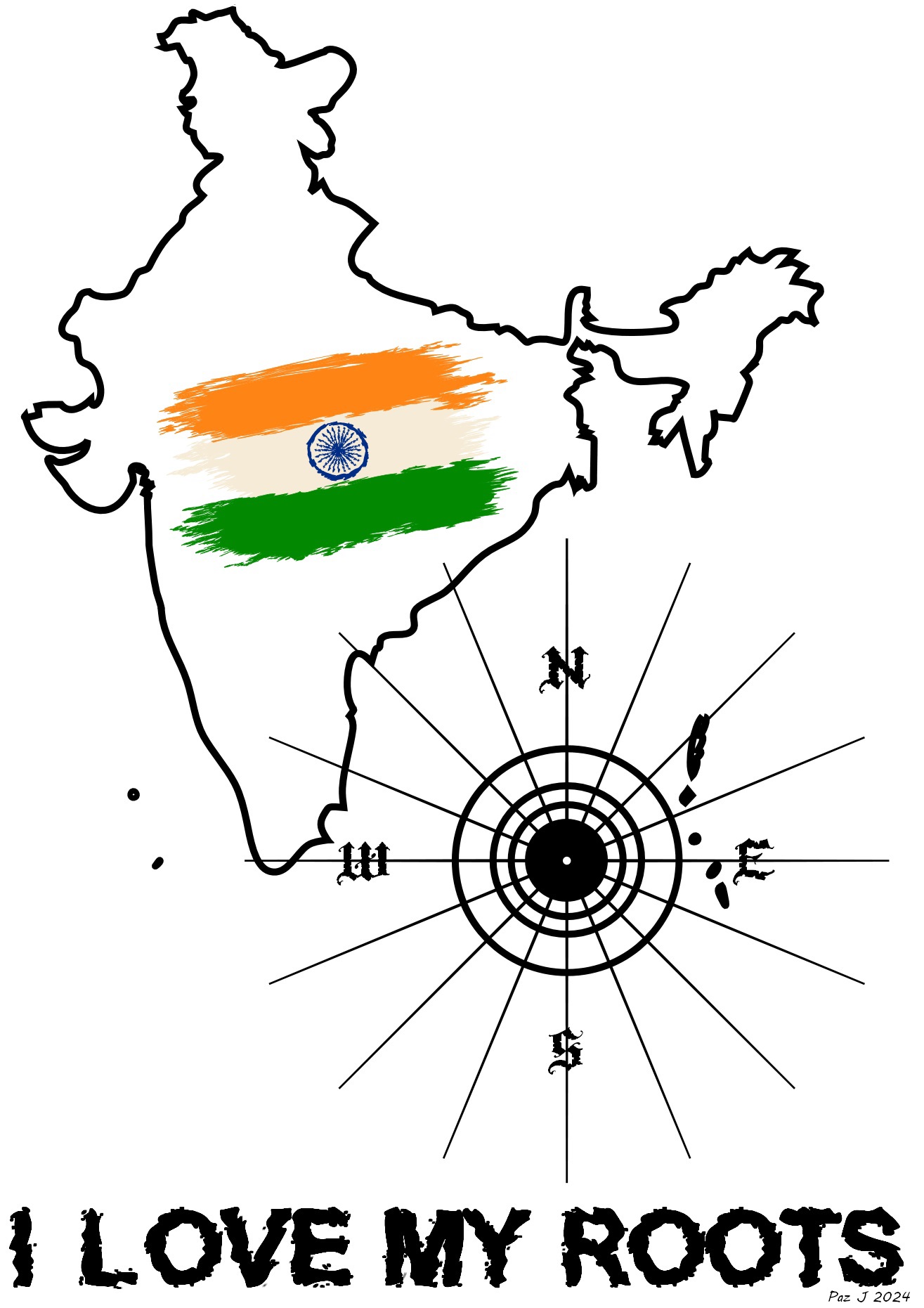 India Compass Map – I Love My Roots with Indian Flag