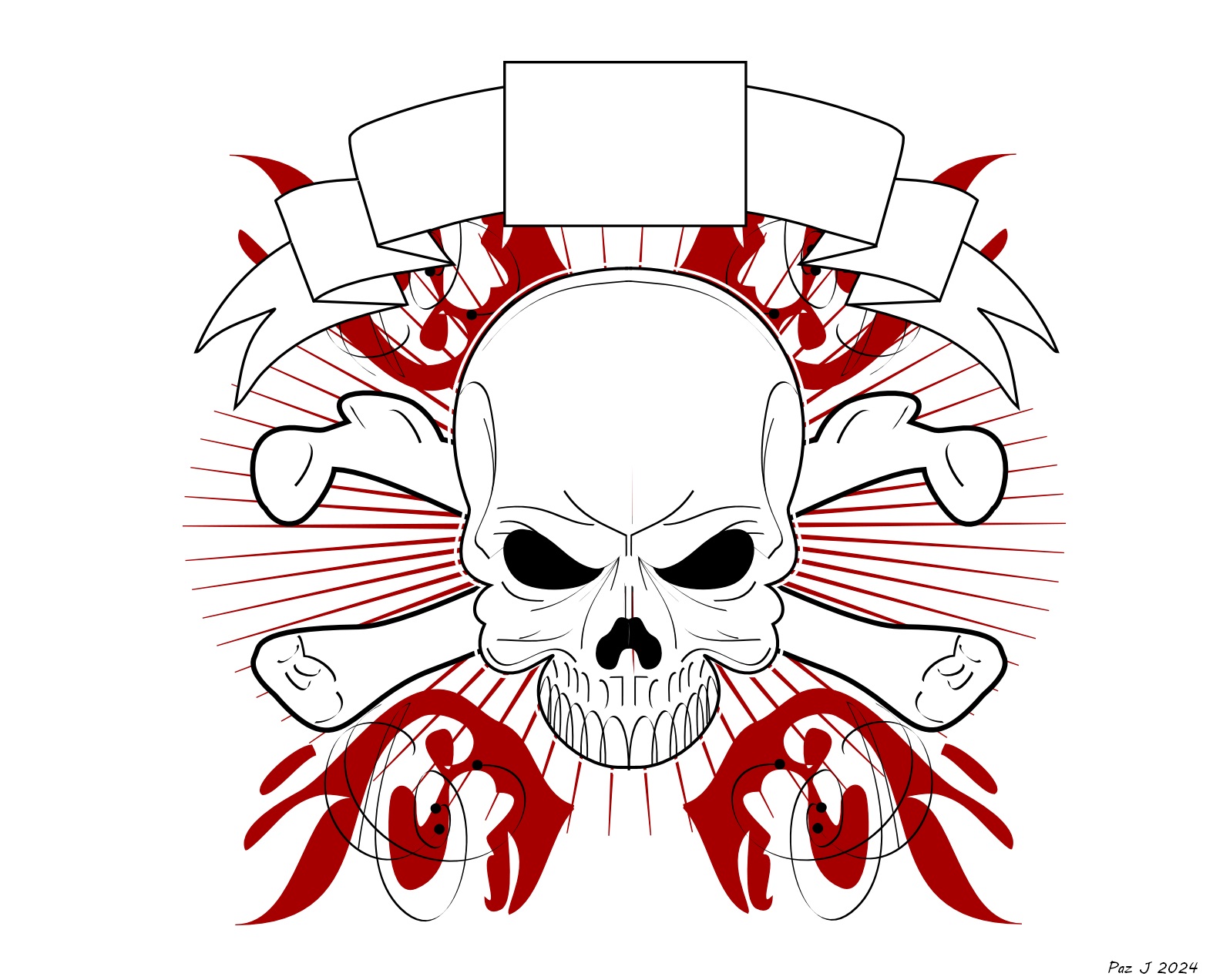 Skull with Crossbones Banner Art – Red and Black Tattoo Style