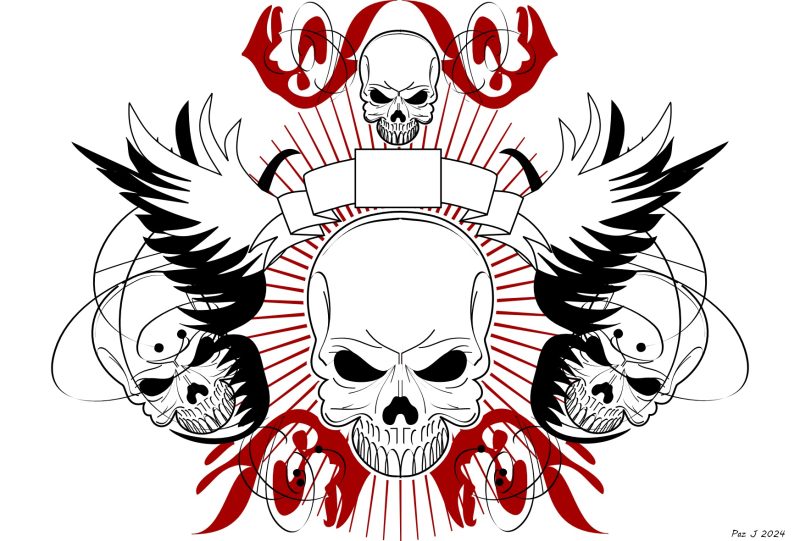 Skulls with Wings Tattoo Style Digital Art – Gothic Skull Poster Design